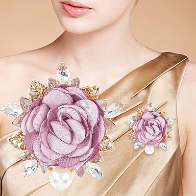 Cloth Rose with Crystal Rhinestone Brooch Pin JEWB-WH0028-13LG-1