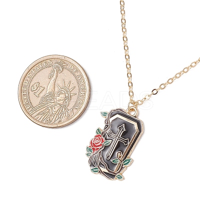 Halloween Alloy Black and Red Enamel Rose Cross Coffin Shaped Pendant Brass Cable Chain Necklaces NJEW-JN05367-1