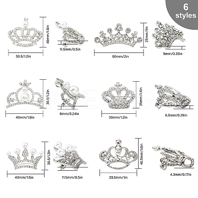 6Pcs 6 Style Crystal Rhinestone Crown Brooch Pins with Plastic Pearl Beaded JEWB-CA0001-29-1