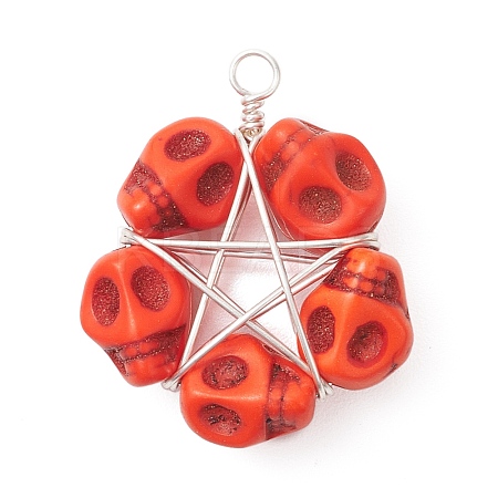Halloween Dyed Synthetic Turquoise Skull Beaded Pendants PALLOY-TA00297-02-1