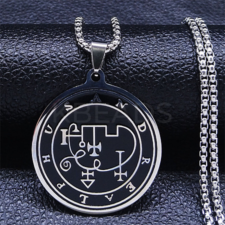201 Stainless Steel Black Enamel Flat Round Sigil Pendant Necklaces LS-NJEW-H065-14P-1