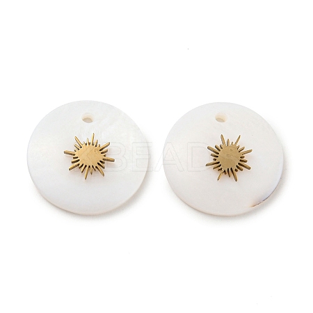 Natural Shell flat Round Charms with 304 Stainless Steel Star Ornament BSHE-Z004-01-1