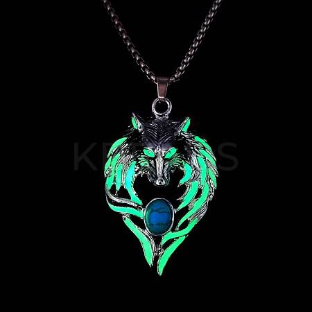 Luminous Glow In The Dark Enamel Wolf Pendant Necklace with Synthetic Turquoise Beaded LUMI-PW0006-66B-1