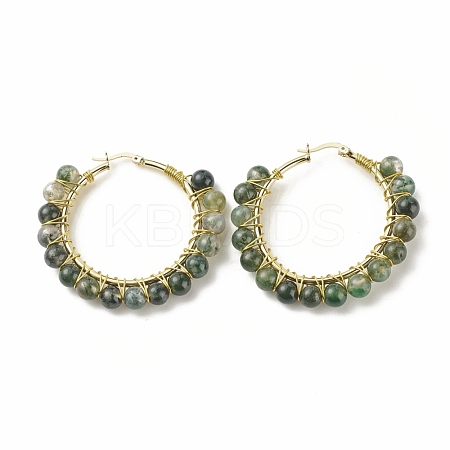 Natural Moss Agate Beaded Hoop Earrings for Women EJEW-C003-03G-RS-1