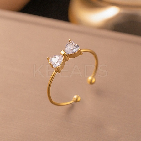 Bowknot 304 Stainless Steel with Clear Cubic Zirconia Cuff Rings for Women LS-RJEW-G362-01G-1