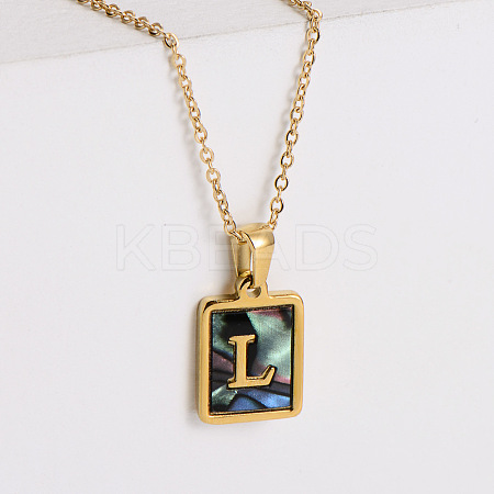 304 Stainless Steel Pave Natural Paua Shell Rectangle Initial Pendant Necklaces for Women FS-WG38E89-12-1