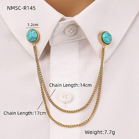 304 Stainless Steel Pave Dyed Synthetic Turquoise Hanging Chain Brooch JEWB-S021-04G-04-1