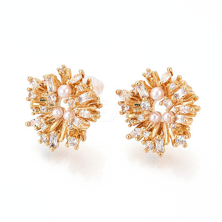 Flower Brass Micro Pave Clear Cubic Zirconia Stud Earrings EJEW-N062-02G-1