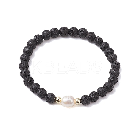 6mm Round Natural Lava Rock & Pearl Beaded Stretch Bracelets for Women BJEW-JB10619-02-1