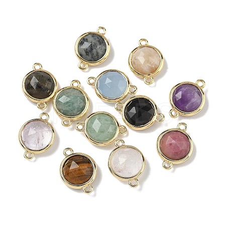Brass Pave Natural Mixed Stone Faceted Flat Round Connector Charms G-U028-04G-1
