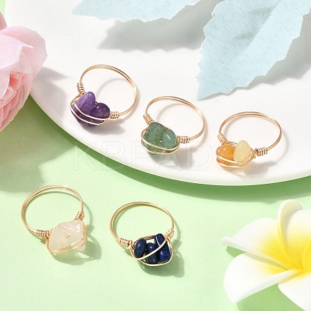 Natural Gemstone Braided Bead Chips Finger Rings RJEW-TA00216-01-1