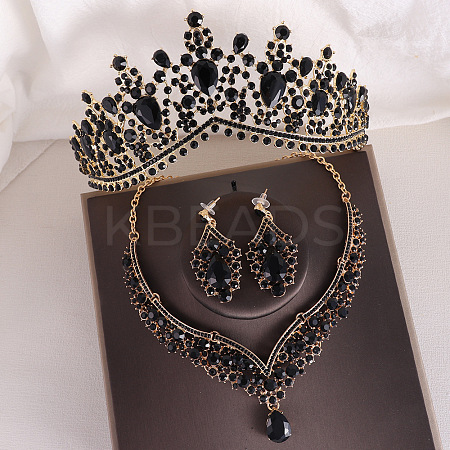 Teardrop Alloy Rhinestone Pendant Necklaces & Stud Dangle Earrings & Crown Hair Band Sets FS-WGCA643-03-1