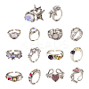 7Pcs 7 Style Rhinestone Heart & Star & Half Round Open Cuff Rings Set with Cat Eye Beaded RJEW-TA0001-03-1