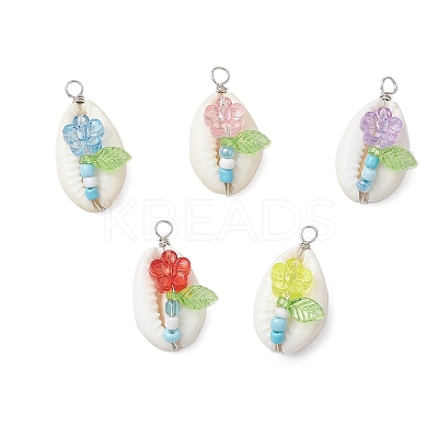 Natural Cowrie Shell & Acrylic & Glass Seed Beads Flower Shell Shaped Pendants PALLOY-JF03819-1