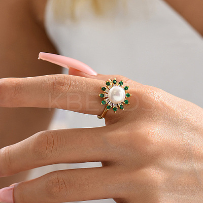 Brass Micro Pave Green Cubic Zirconia Flower Finger Ring KF3453-1-1