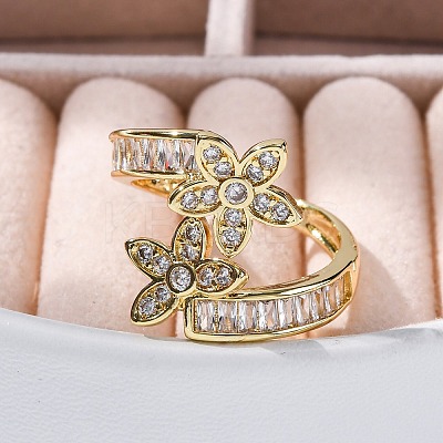 Rack Plating Brass Micro Pave Clear Cubic Zirconia Open Cuff Finger Rings for Women RJEW-M028-88G-1