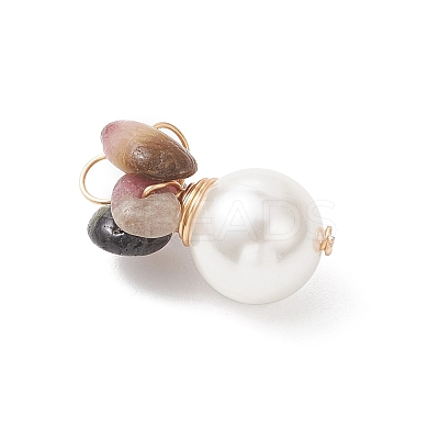 6Pcs 6 Styles Natural Tourmaline & Tiger Eye & Amethyst & Green Aventurine & Sunstone & Aquamarine Chip with Copper Wire Wrapped Shell Pearl Pendants PALLOY-JF04951-1