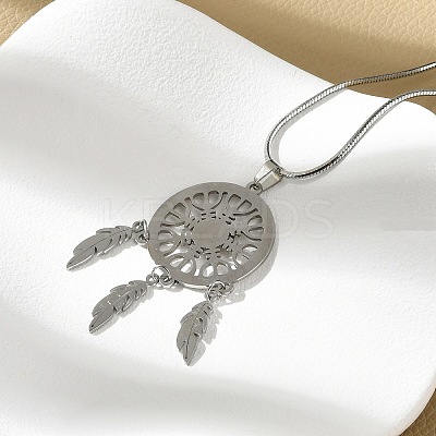 Bohemian 201 Stainless Steel Snowflake Woven Web/Net with Feather Pendant Necklaces NJEW-P327-07P-A-1