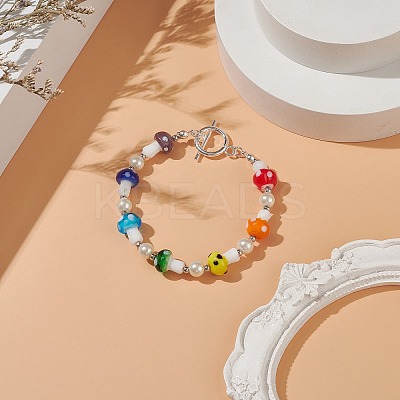 Lampwork Mushroom & Glass Pearl Beaded Bracelet with 304 Stainless Steel Toggle Clasps for Women BJEW-TA00205-1
