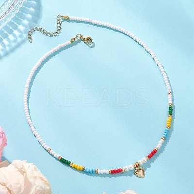 Valentine's Day 304 Stainless Steel Heart Pendant Glass Seed Beaded Necklaces for Women NJEW-MZ00146-03-1