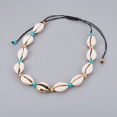 Adjustable Cowrie Shell and Synthetic Turquoise Beaded Necklaces NJEW-JN02300-02-1