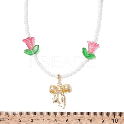 Alloy Bowknot Pendant Tulip Flower Glass Seed Beaded Necklaces for Women NJEW-MZ00148-02-1