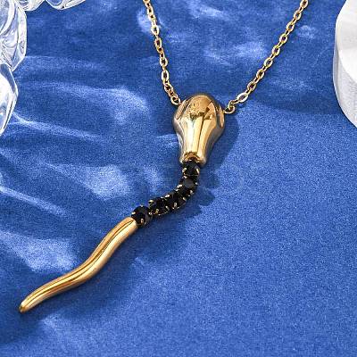 304 Stainless Steel Jet Rhinestone Snake Pendant Cable Chain Necklaces for Women LS-NJEW-A051-01G-1