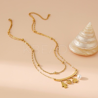 304 Stainless Steel & Imitation Pearl Clover Heart Double Layer Necklaces for Women LS-NJEW-V004-02G-1