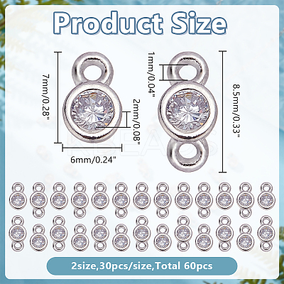 60pcs 2 Styles Brass Pave Clear Cubic Zirconia Flat Round Connector Charms KK-AR0001-81-1