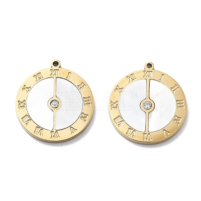 PVD Vacuum Plating 304 Stainless Steel Pave Shell Flat Round Roman Numerals Pendants STAS-R130-25G-1