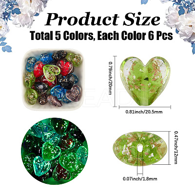 30Pcs 5 Colors Luminous Handmade Gold Sand Lampwork Beads FOIL-PA0001-03-1