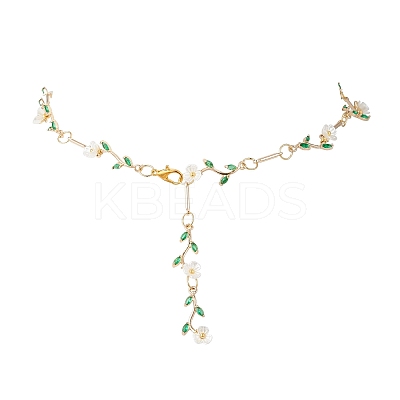 Brass Micro Pave Green Cubic Zirconia & Imitation Pearl Flower Branch Link Chain Necklaces for Women NJEW-JN05309-1