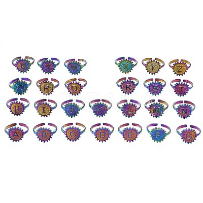 Rainbow Color 304 Stainless Steel Flat Round with Initial Cuff Ring RJEW-S405-139-1