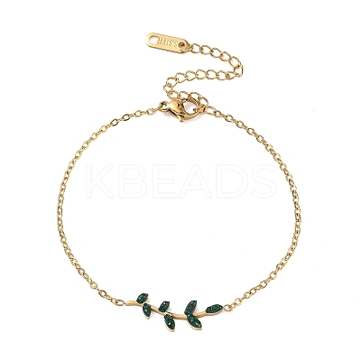 304 Stainless Steel Rhinestone Leaf Link Bracelets SA-CBA5F76-03G-03-1