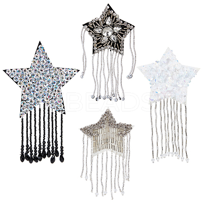 4Pcs 4 Style Star with Glass Bead Tassels Appliques DIY-BC0006-54-1