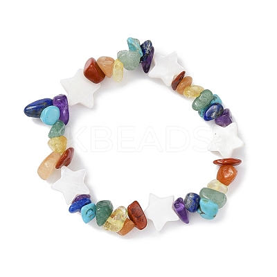 Natural & Synthetic Mixed Gemstone Chips & Shell Beaded Stretch Bracelet BJEW-JB09897-03-1