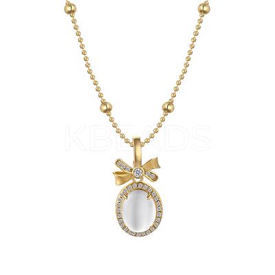 Bowknot & Oval 925 Sterling Silver Micro Pave Cubic Zirconia Pendant Necklaces for Women NJEW-F338-09G-1