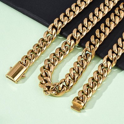 12MM 304 Stainless Steel Cuban Link Chain Necklaces for Unisex NJEW-K295-02C-G-1