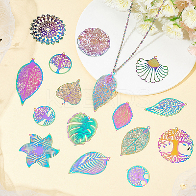 32Pcs 16 Style Ion Plating(IP) 201 Stainless Steel Filigree Pendants STAS-DC0006-64-1