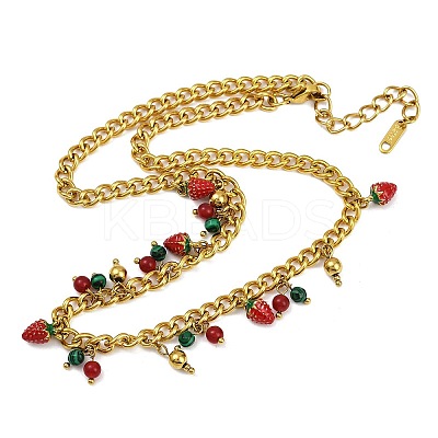 Natural Carnelian and Synthetic Malachite Round Beads and Red Strawberry Tassel 304 Stainless Steel Twisted Chain Necklaces NJEW-C092-03G-1
