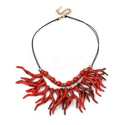 Summer Beach Wood Disc & Acrylic Coral & Round Pendant Bib Necklaces NJEW-Z096-01G-1