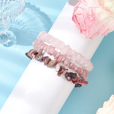 3Pcs Natural Rose Quartz & Natural Rhodonite & Natural Pink Opal Chip Beaded Stretch Bracelet Sets BJEW-JB10858-1