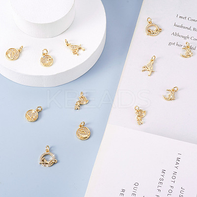 12Pcs 6 Style Brass Micro Pave Clear Cubic Zirconia Charms KK-FW0001-11-1