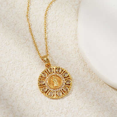 Vintage Brass Pave Cubic Zirconia Hollow Round Religion Virgin Mary Pendant Necklaces for Women LS-EZ3168-1-1