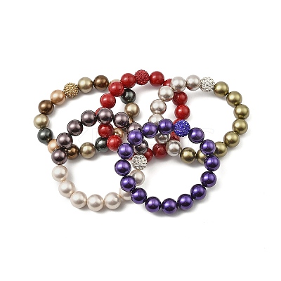 Round Shell Pearl Beads Stretchy Bracelets for Women BJEW-XCP0002-07-1