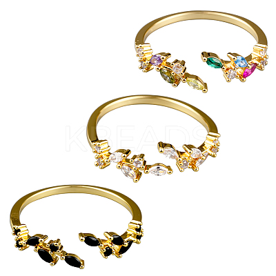 3Pcs 3 Colors Brass Micro Pave Cubic Zirconia Cuff Rings for Women RJEW-GO0001-28B-1