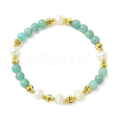 Round Natural Amazonite & Cultured Freshwater Pearl & Brass Beaded Stretch Bracelets for Women BJEW-JB14060-01-1