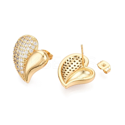 Left and Right Heart Brass Pave Clear Cubic Zirconia Stud Earrings EJEW-M258-040G-1