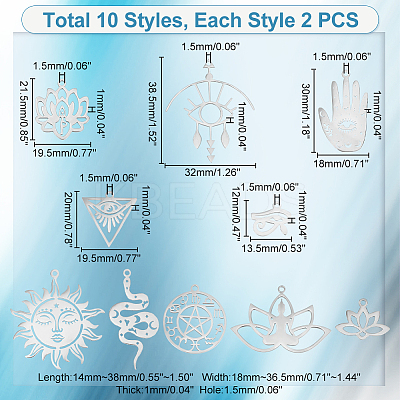 20Pcs 10 Styles 304 Stainless Steel Laser Cut Charms STAS-UN0048-70-1