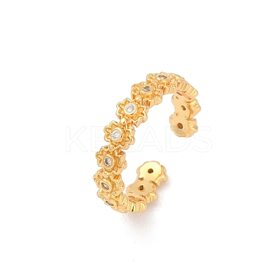 Brass Micro Pave Cubic Zirconia Flower Adjustable Cuff Rings for Women RJEW-B125-02G-1